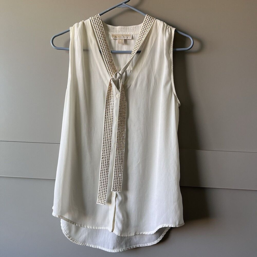 Michael Kors Gold Front Tie Sleeveless Top Button Up Blouse Women Sz Small White